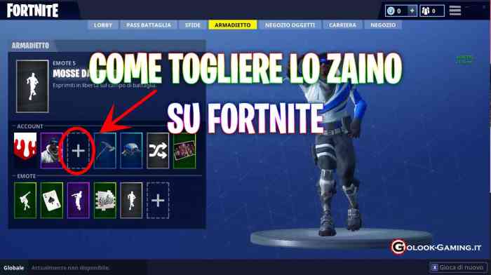 come togliere lo zaino su fortnite